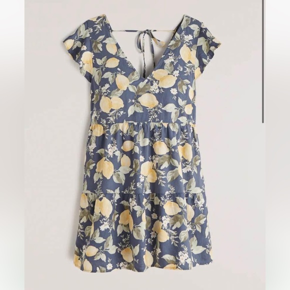 NWT Abercrombie Ruffle Sleeve Trapeze Mini Dress (XXS) - Blue Lemon Print - Picture 4 of 6